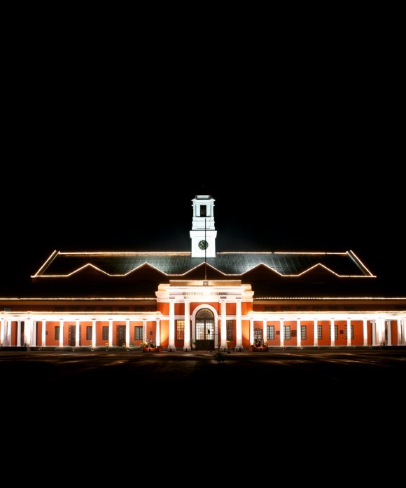 The Chetwode Building of the Indian Military Academy, Dehradun, lit at night.